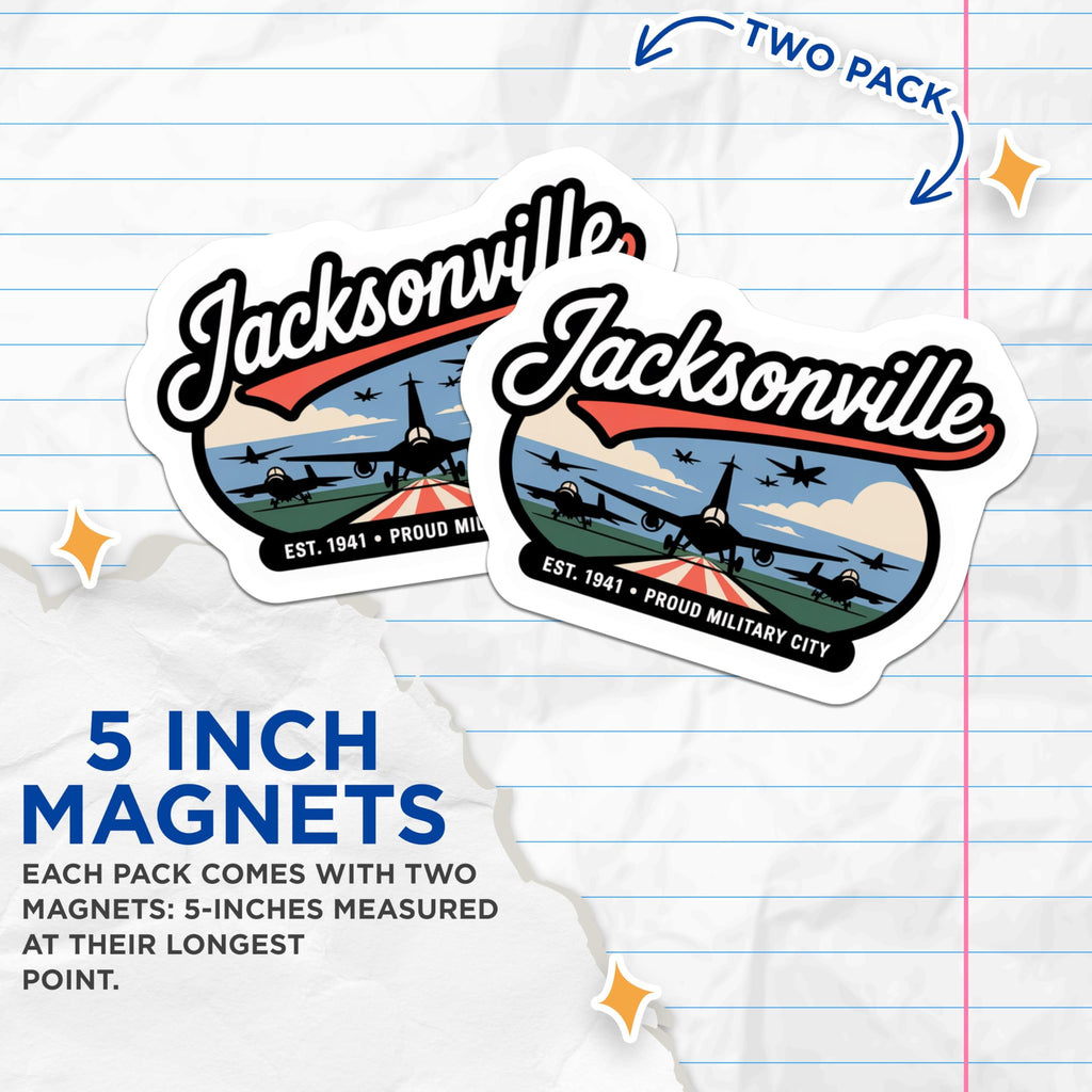 (2 Pack) Jacksonville Magnets - Military City Decor - Fighter Jet Art Magnet - 5" On Longest Side - Premium Magnet - for Cars, Refrigerators, Toolboxes, Lockers - Made in USA - MAG17349