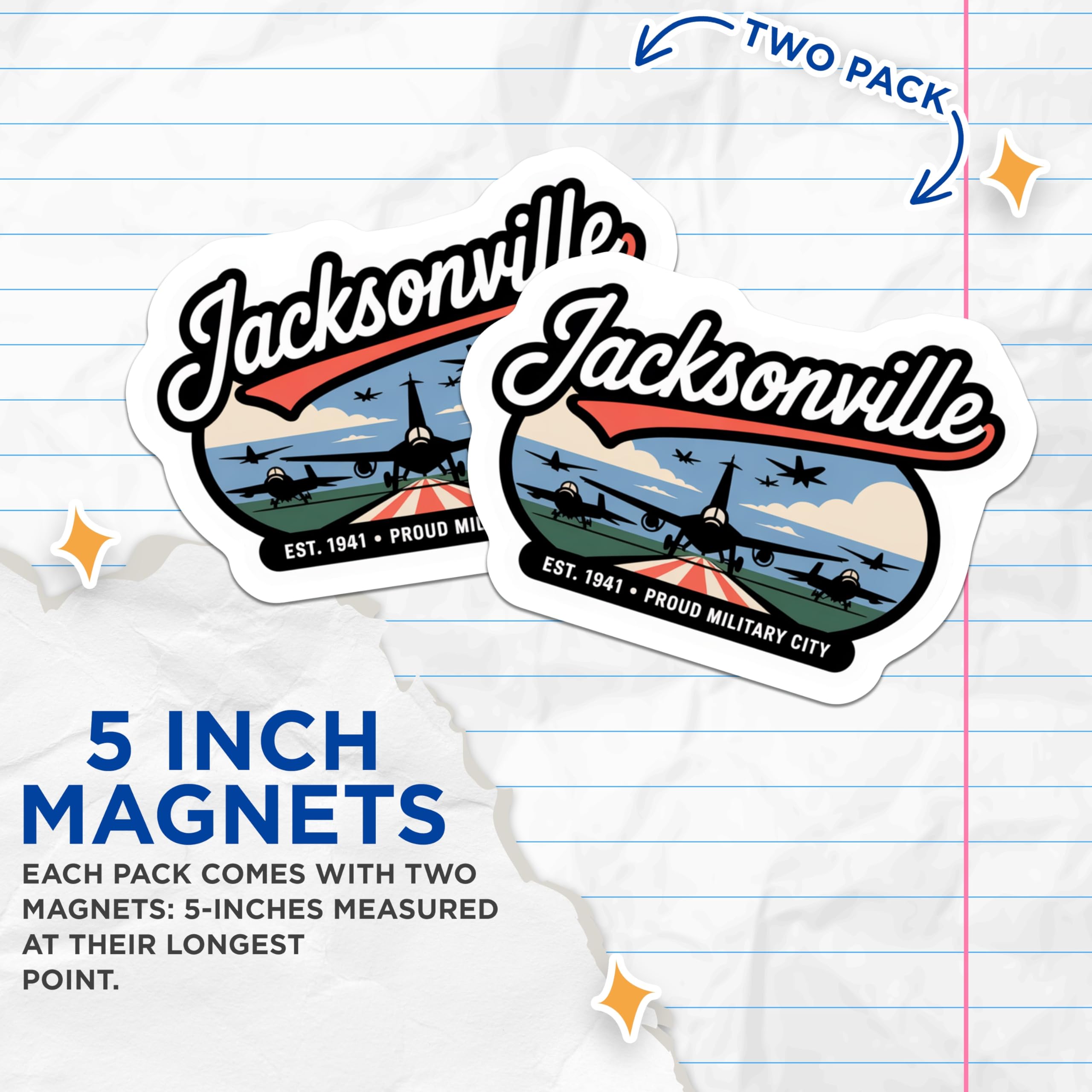 (2 Pack) Jacksonville Magnets - Military City Decor - Fighter Jet Art Magnet - 5" On Longest Side - Premium Magnet - for Cars, Refrigerators, Toolboxes, Lockers - Made in USA - MAG17349