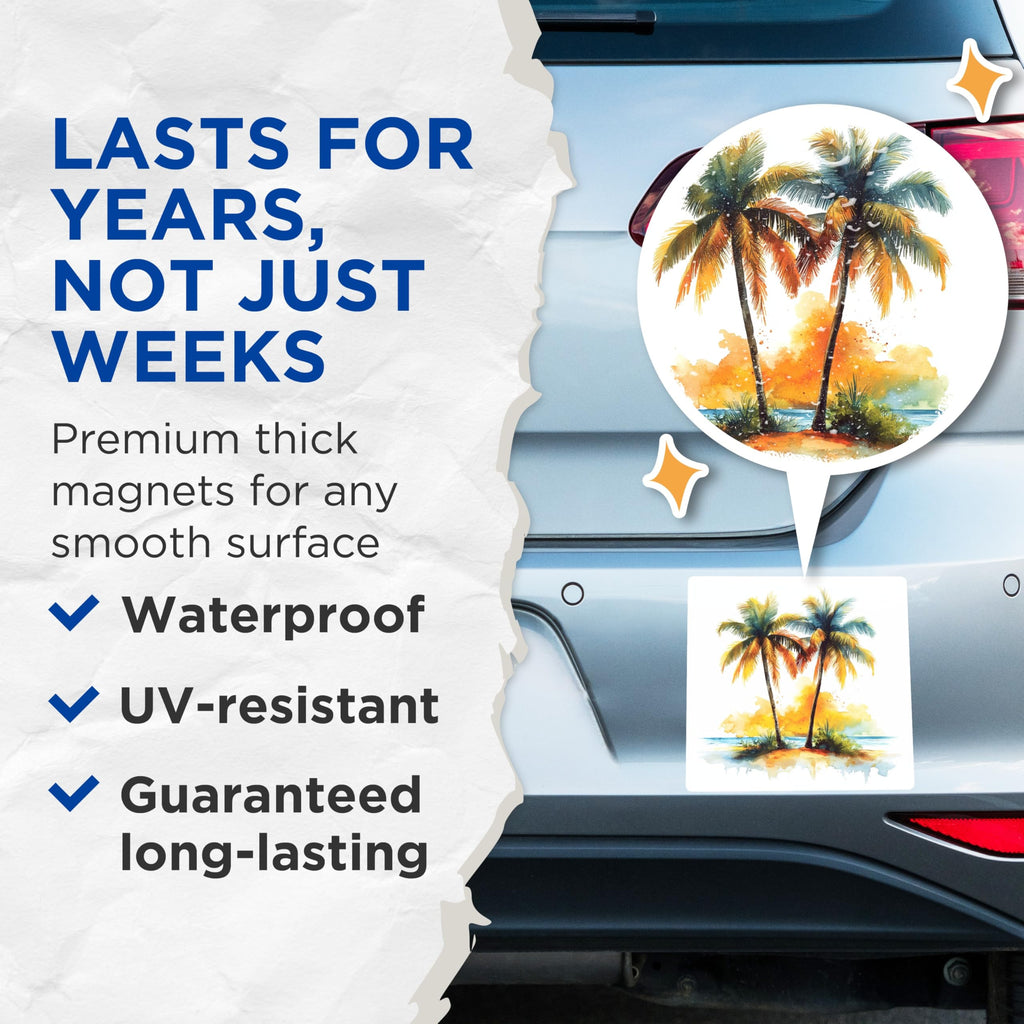 (2 Pack) Watercolor Palm Trees Magnets - Tropical Beach Art - Sunset Ocean Scene - 5 Inches On Longest Side - Thick Durable Magnet - Made in USA - MAG26066