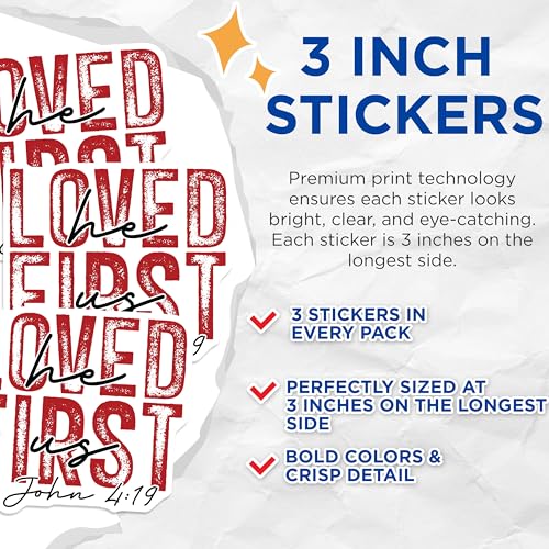 (3 Pack) Loved First Decals - Christian Verse Decal - Religious Quote Decal - 3 Inches On Longest Side - Easy Peel & Apply - Made in USA - 3MCS1889