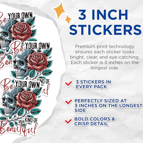 (3 Pack) Skull Rose Decals - Laptop Decals - Gothic Decor - 3 Inches On Longest Side - Easy Peel & Apply - Made in USA - 3MCS1000