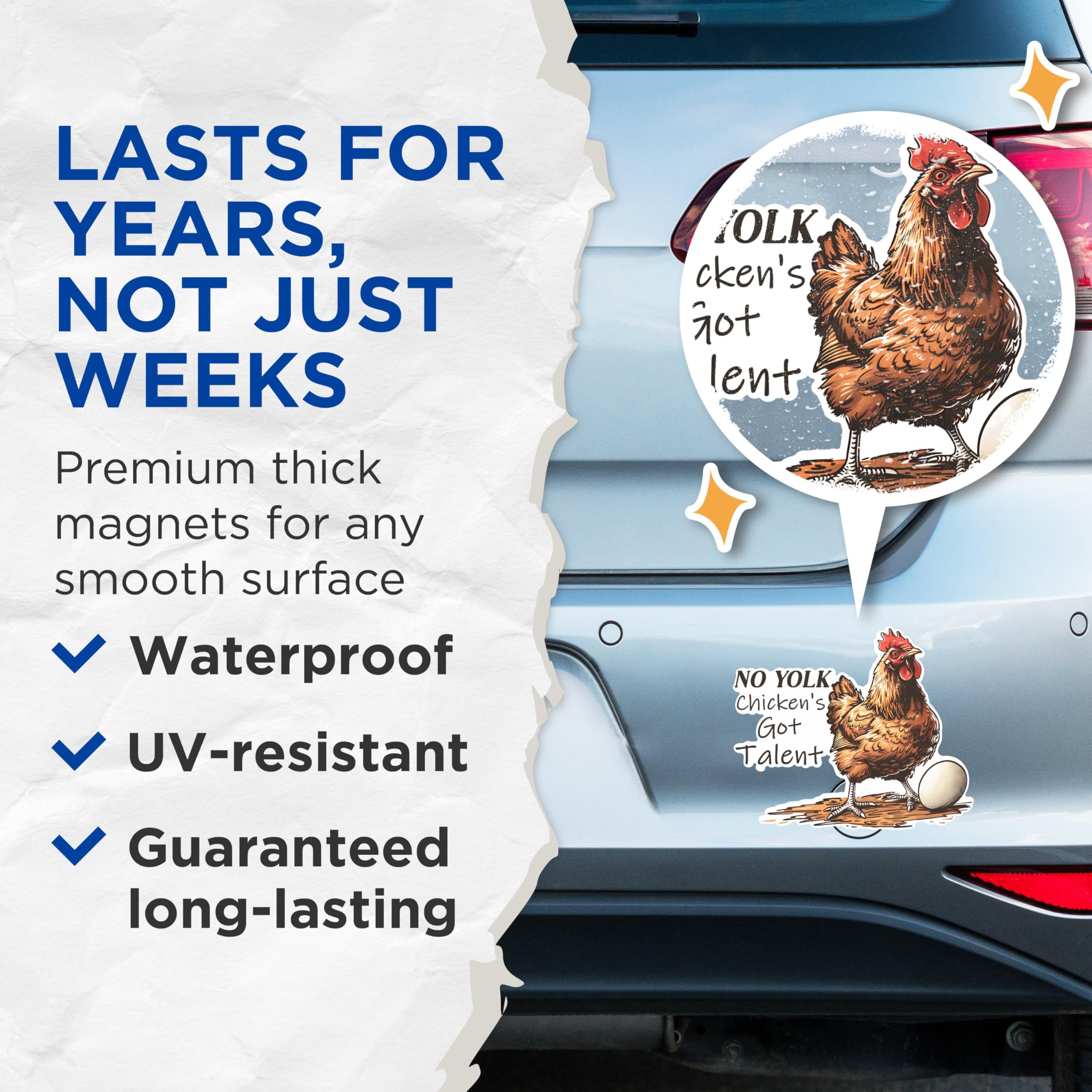 (2 Pack) No Yolk Chicken Talent Magnets - Funny Farm Magnets - Egg Lover Decor- 5" On Longest Side - for Fridges, Toolboxes, Cars - Made in USA - MAG2609