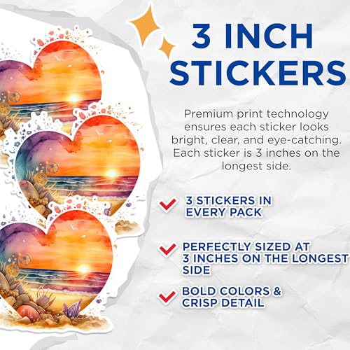 (3 Pack) Watercolor Beach Decals - Heart Sunset Decals - Coastal Laptop Decal - 3 Inches On Longest Side - Easy Peel & Apply - Made in USA - 3MCS1646
