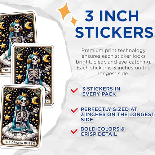(3 Pack) Drama Queen Decals - Skeleton Tarot - Laptop Decal - 3 Inches On Longest Side - Easy Peel & Apply - Made in USA - 3MCS4161