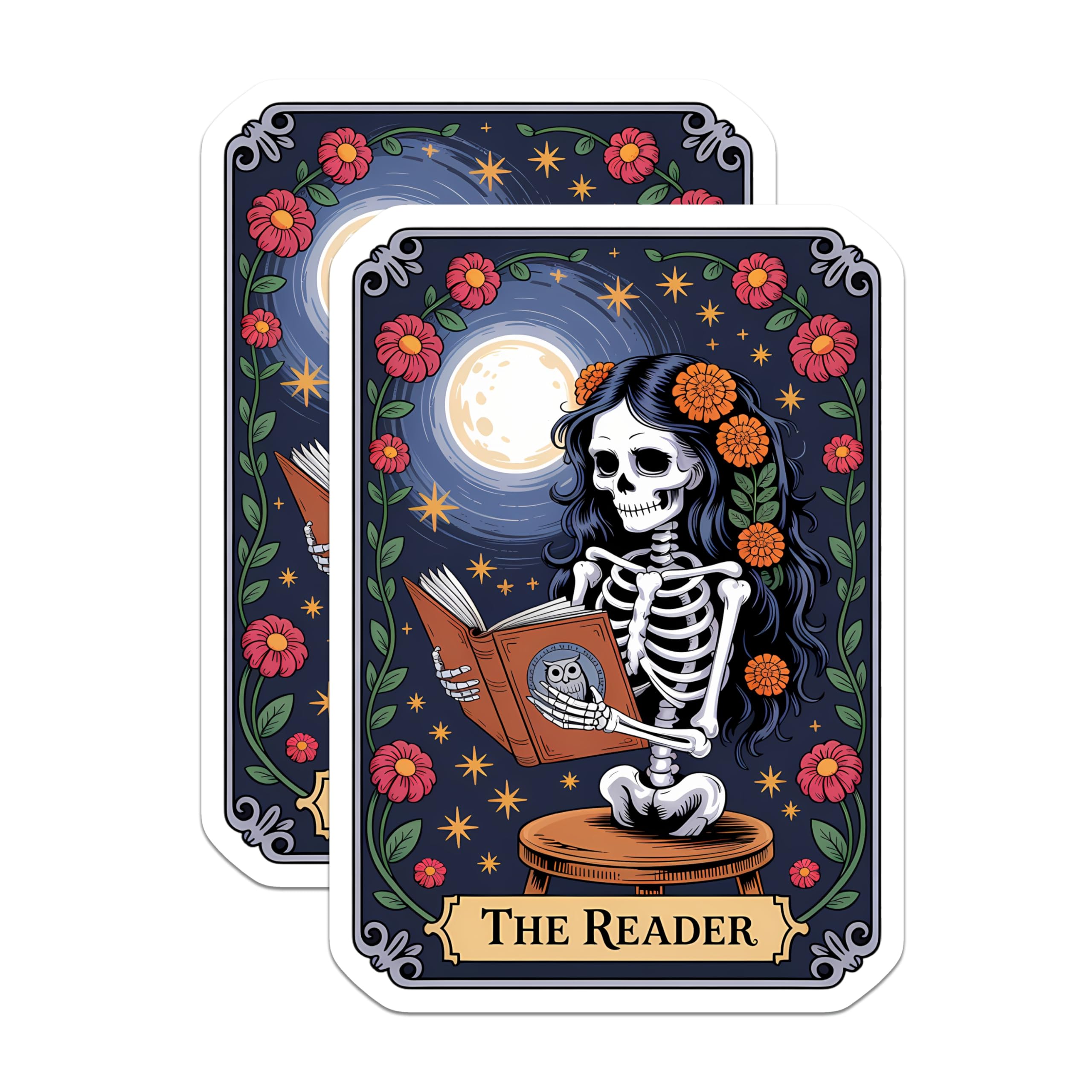 (2 Pack) Calavera Reader Magnets - Day of the Dead Bookworm Art - Floral Moon Decor - Witchy Tarot Style - 5 Inches On Longest Side - Thick Durable Magnet - Made in USA - MAG20418