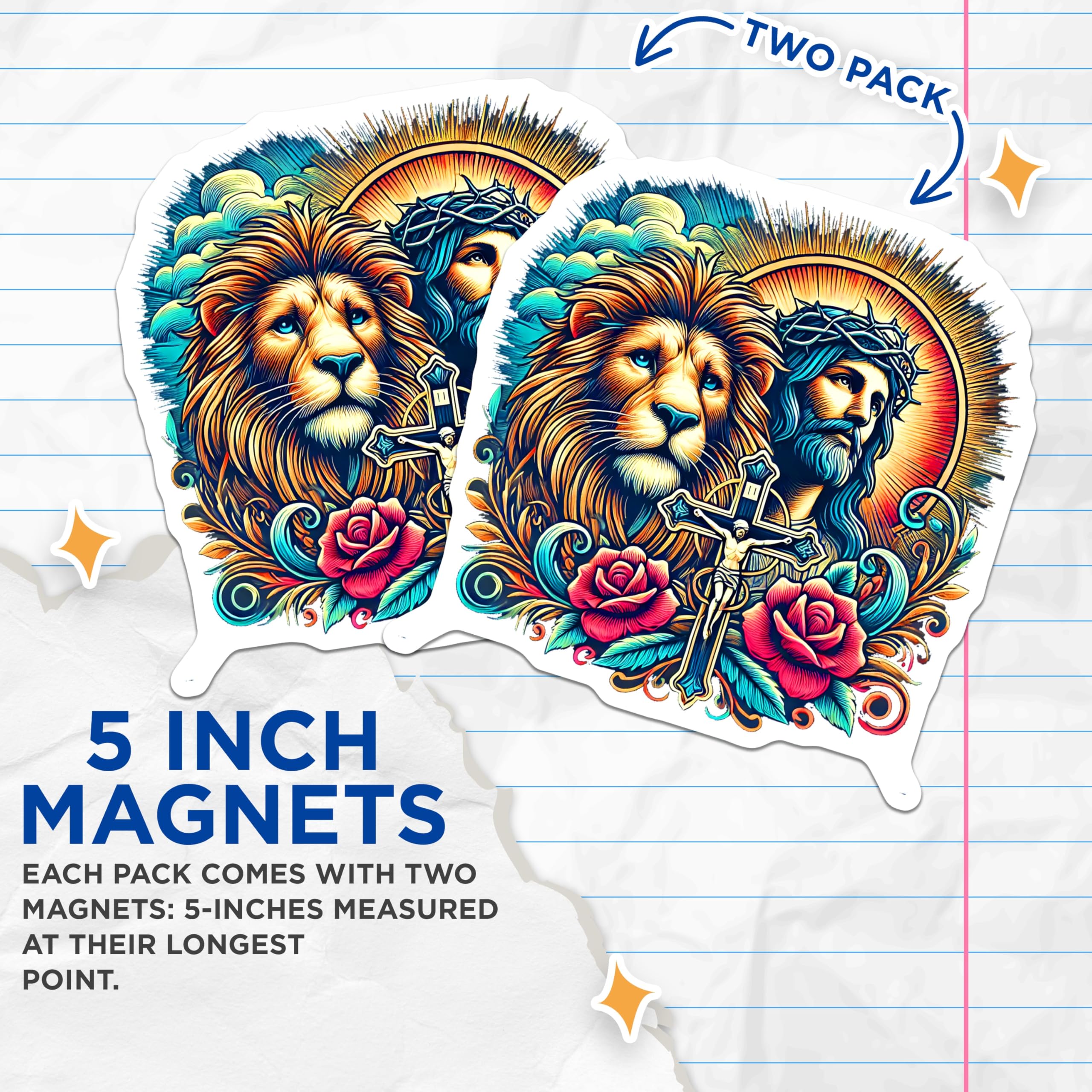 (2 Pack) Lion of Judah Jesus Magnets - Christian Faith Decor - Religious Spiritual Art - 5 Inches On Longest Side - Thick Durable Magnet - Made in USA - MAG27115