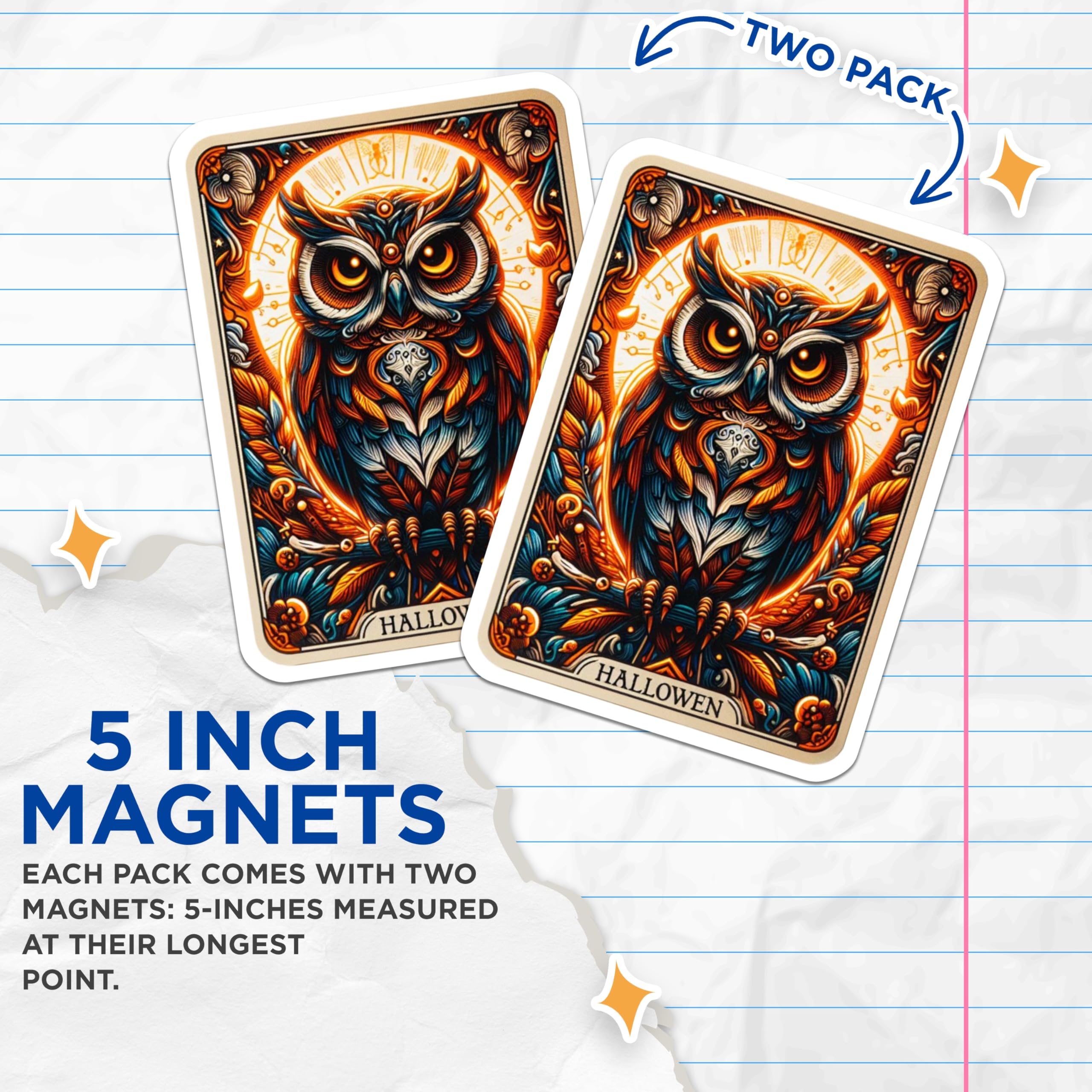 (2 Pack) Hallowen Owl Magnets - Mystical Bird Artwork - Ornate Owl Art - Unique Spooky Decor - Refrigerator Locker Magnets - 5 Inches On Longest Side - Thick Durable Magnet - Made in USA - MAG20186