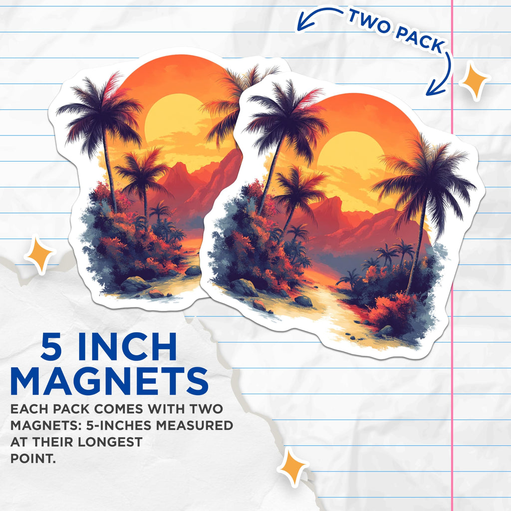 (2 Pack) Tropical Sunset Magnets - Palm Tree Landscape Art - Beachy Fridge Decor Aesthetic - 5 Inches On Longest Side - Thick Durable Magnet - Made in USA - MAG27761
