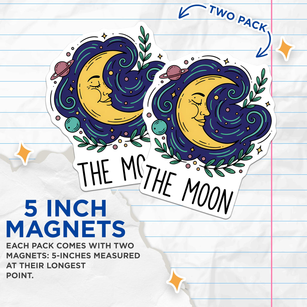 (2 Pack) Celestial Sleepy Moon Face Magnets - Mystical Space Refrigerator Accents - Enchanting Night Sky Emblem - 5 Inches On Longest Side - Thick Durable Magnet - Made in USA - MAG21685