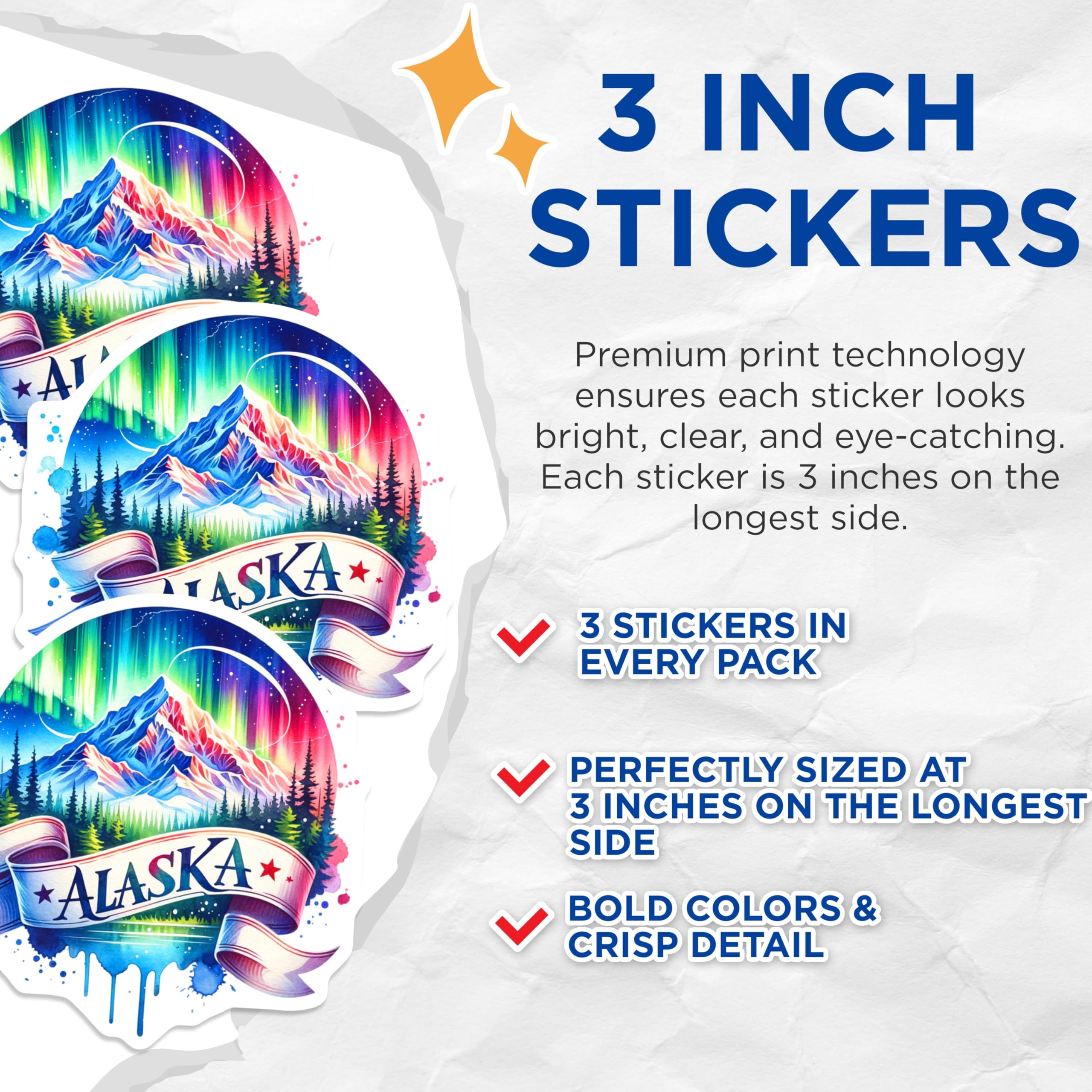 (3 Pack) Alaska Decals - Northern Lights Art - Laptop Decals- 3 Inches On Longest Side - Easy Peel & Apply - Made in USA - 3MCS5977