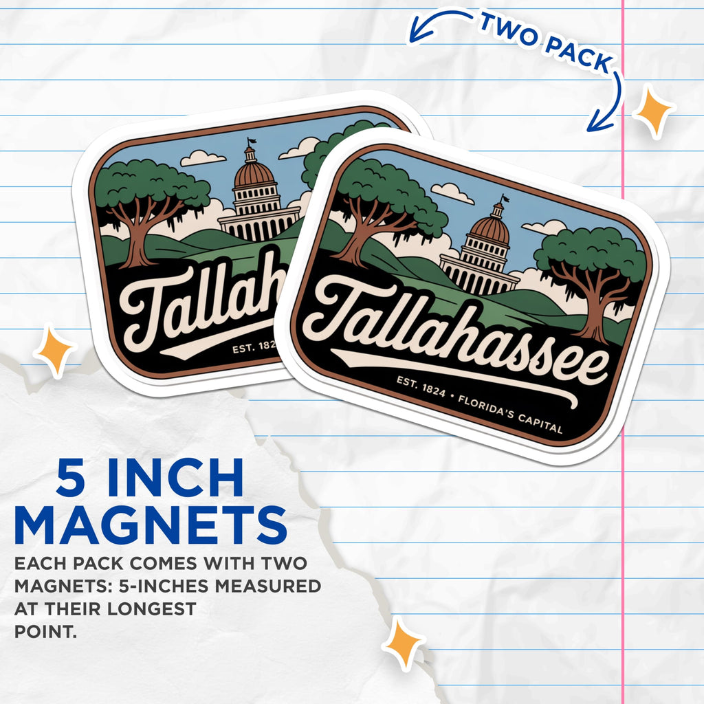 (2 Pack) Tallahassee Florida Magnets - State Capital Souvenir - Retro Travel Decor - 5" On Longest Side - Premium Magnet - for Cars, Refrigerators, Toolboxes, Lockers - Made in USA - MAG18062