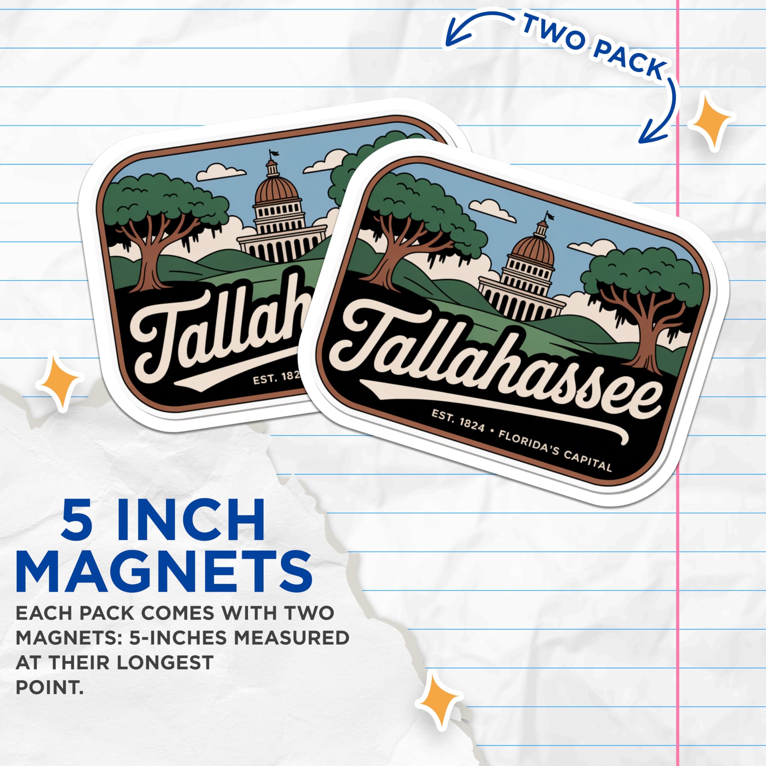 (2 Pack) Tallahassee Florida Magnets - State Capital Souvenir - Retro Travel Decor - 5" On Longest Side - Premium Magnet - for Cars, Refrigerators, Toolboxes, Lockers - Made in USA - MAG18062