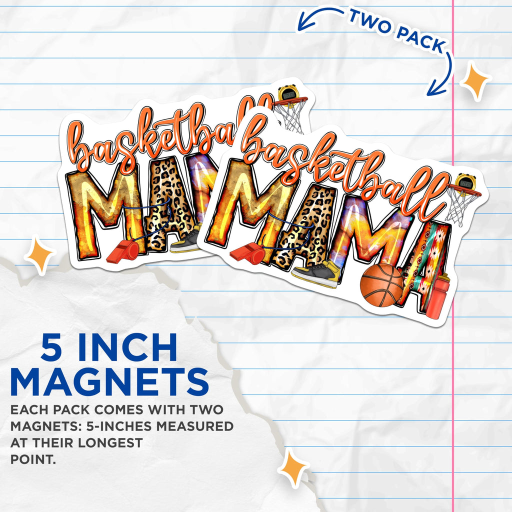 (2 Pack) Basketball Mama Magnets - Trendy Sports Mom Decor - Game Day Lover - Proud Parent Refrigerator Magnets - 5 Inches On Longest Side - Thick Durable Magnet - Made in USA - MAG25837