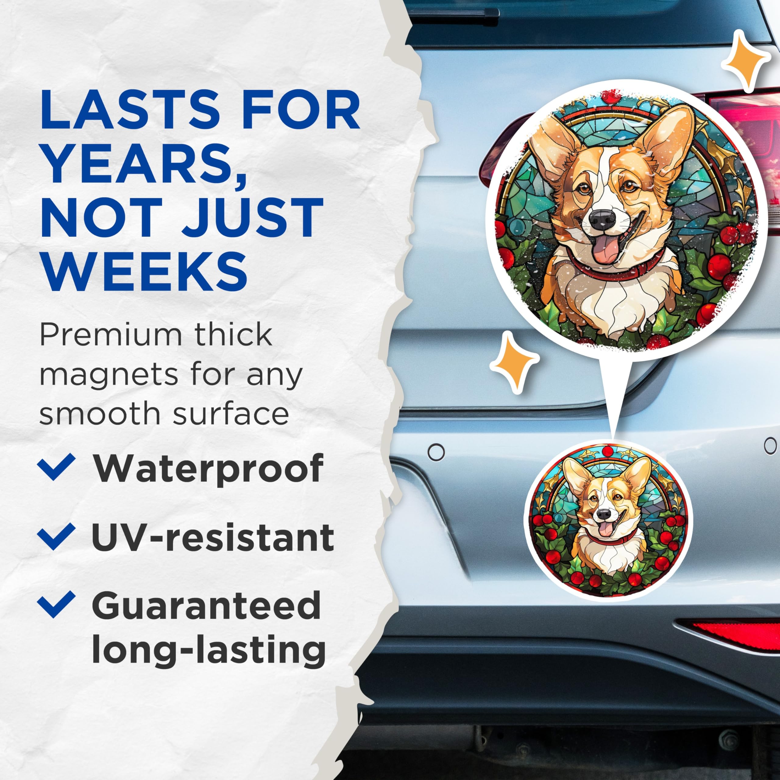 (2 Pack) Stained Glass Corgi Magnets - Christmas Dog Decor - Holiday Pet Lover Present - 5 Inches On Longest Side - Thick Durable Magnet - Made in USA - MAG30425