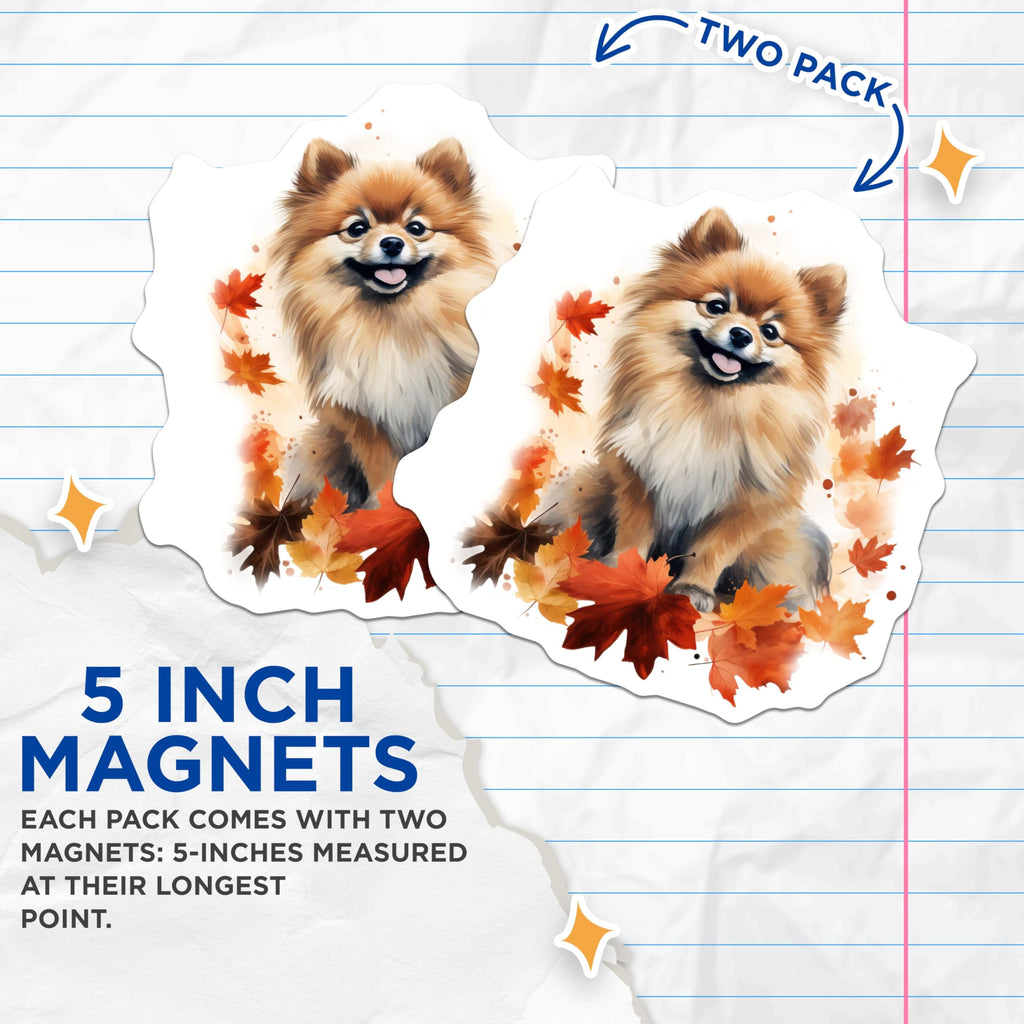 (2 Pack) Adorable Pomeranian Dog Magnets - Fluffy Puppy Autumn Leaves Decor - Fall Season Pet Lover Refrigerator Accessory - 5 Inches On Longest Side - Thick Durable Magnet - Made in USA - MAG23776