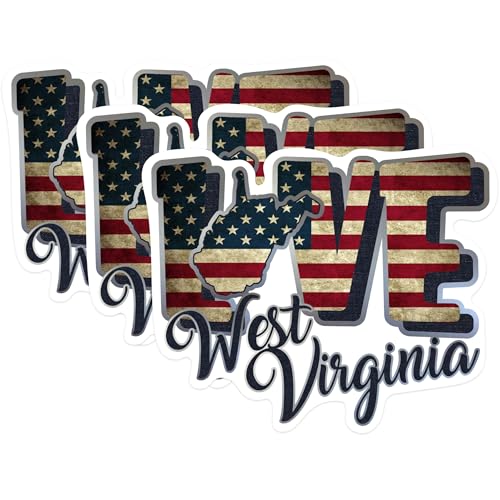 (3 Pack) West Virginia Decals - WV Love - USA Flag State Pride - 3 Inches On Longest Side - Easy Peel & Apply - Made in USA - 3MCS0339