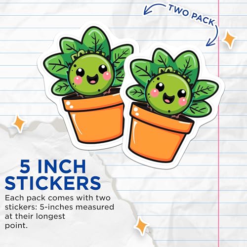 (2 Pack) Cute Plant Stickers - Kawaii Succulent Stickers - Adorable Potted Plant Stickers for Laptops - 5" On Longest Side - Sticks to Smooth Flat Surfaces - Made in USA - BMCS4268