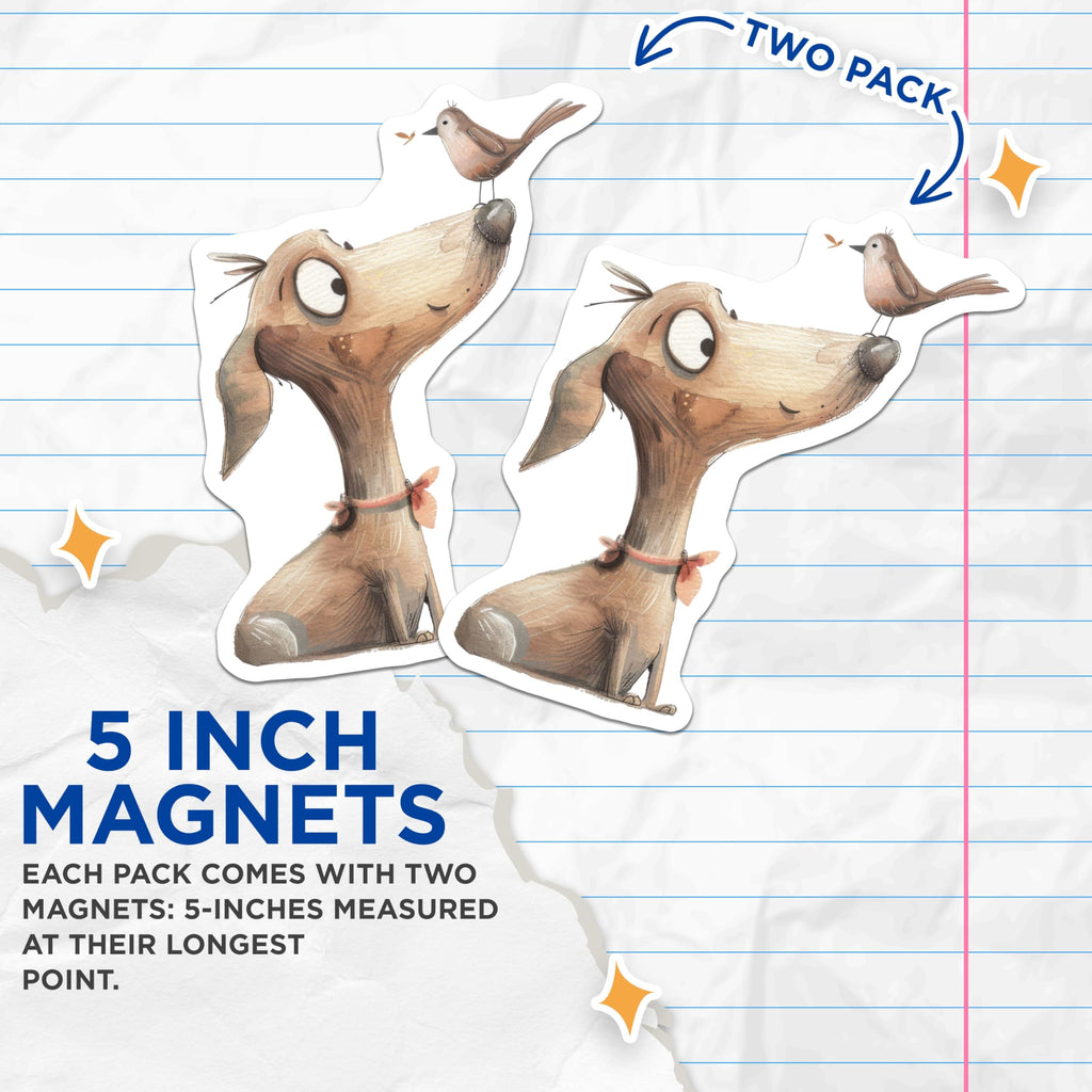 (2 Pack) Whimsical Dog Magnets - Cute Bird Illustration - Animal Lover Fridge Decor - Pet Themed Kitchen Magnet - 5 Inches On Longest Side - Thick Durable Magnet - Made in USA - MAG27412