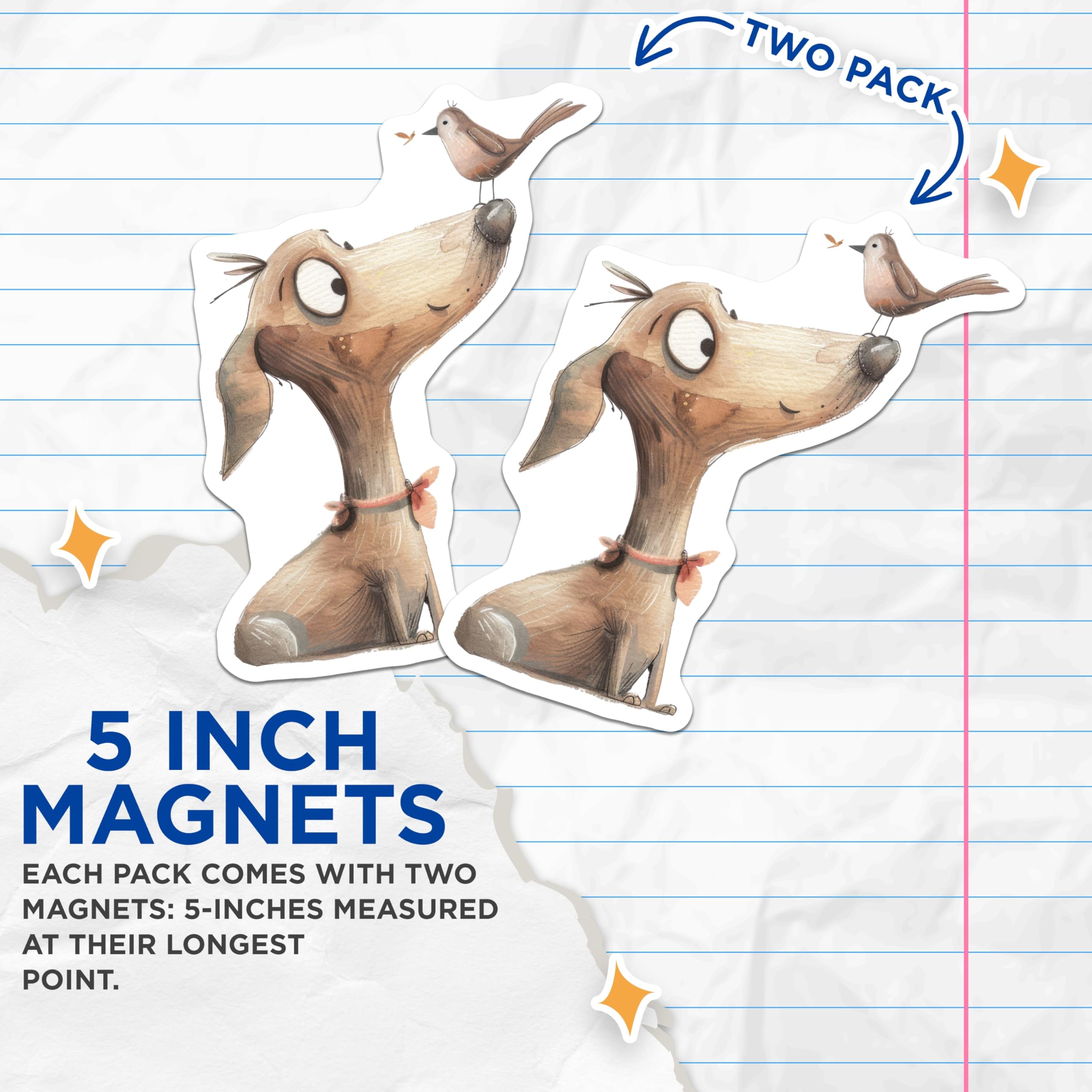 (2 Pack) Whimsical Dog Magnets - Cute Bird Illustration - Animal Lover Fridge Decor - Pet Themed Kitchen Magnet - 5 Inches On Longest Side - Thick Durable Magnet - Made in USA - MAG27412