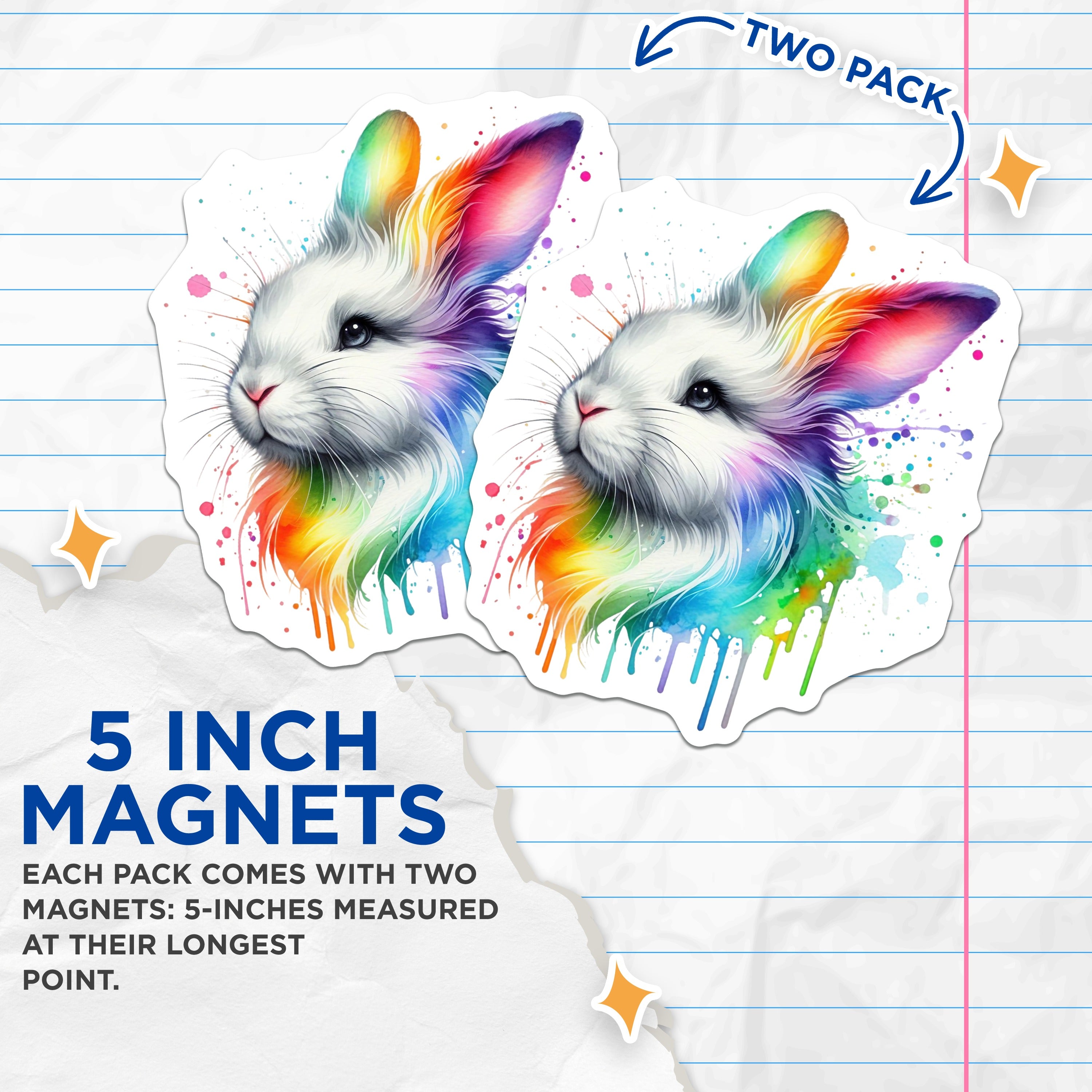 (2 Pack) Rainbow Bunny Magnets - Watercolor Rabbit Art - Cute Fridge Magnets - 5 Inches On Longest Side - Thick Durable Magnet - Made in USA - MAG37970