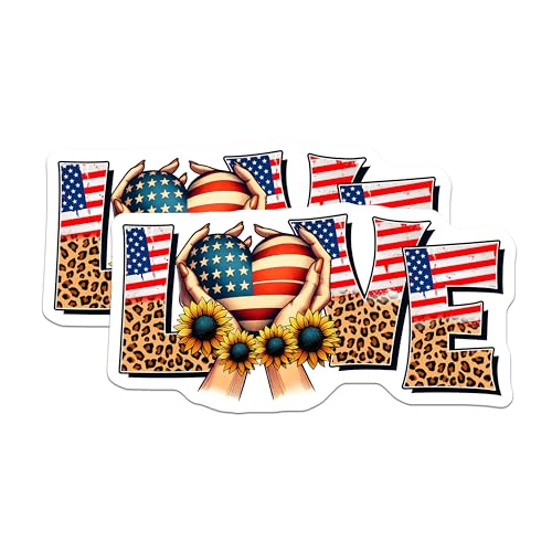 (2 Pack) Patriotic Love Stickers - USA Flag Heart - Sunflower Leopard Print - 5" On Longest Side - Sticks to Smooth Flat Surfaces - Made in USA - BMCS9661