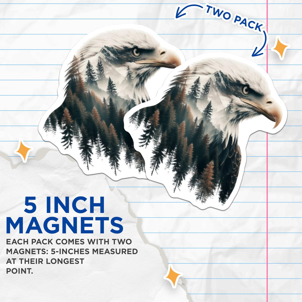(2 Pack) Eagle Scene Magnets - Mountain Forest Artwork - Nature Inspired Decoration - 5" On Longest Side - Premium Magnet - for Cars, Refrigerators, Toolboxes, Lockers - Made in USA - MAG14263