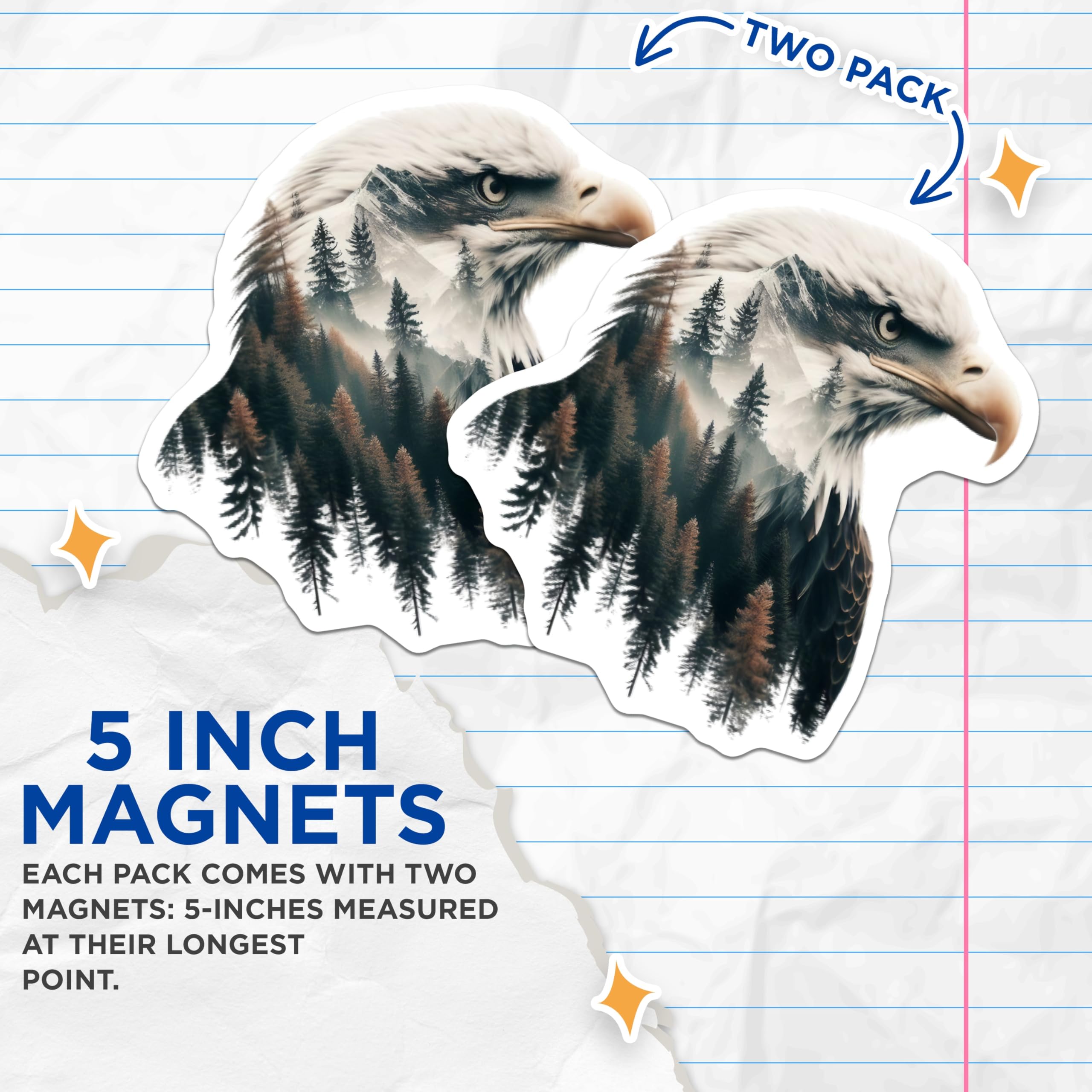 (2 Pack) Eagle Scene Magnets - Mountain Forest Artwork - Nature Inspired Decoration - 5" On Longest Side - Premium Magnet - for Cars, Refrigerators, Toolboxes, Lockers - Made in USA - MAG14263