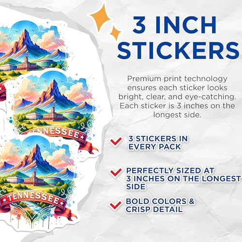 (3 Pack) Tennessee Decals - Watercolor Tennessee Art - Laptop Tennessee Stickers- 3 Inches On Longest Side - Easy Peel & Apply - Made in USA - 3MCS5661