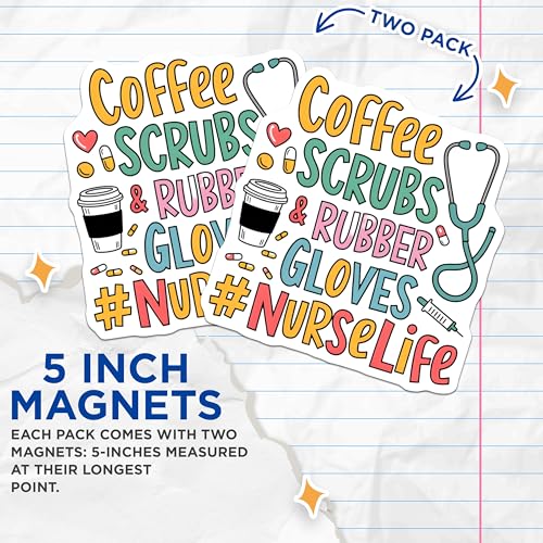 (2 Pack) Coffee Scrubs and Rubber Gloves Magnets - NurseLife - Nursing Decor - Medical Staff - 5" On Longest Side - for Cars, Fridges, Toolboxes - Made in USA - MAG6589