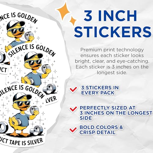 (3 Pack) Duck Duct Tape Decals - Funny Duck Decals - Silence is Golden Decal- 3 Inches On Longest Side - Easy Peel & Apply - Made in USA - 3MCS5155