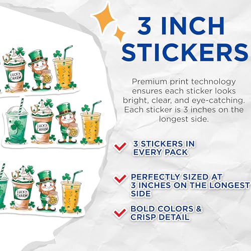 (3 Pack) St Patrick Decals - Clover Stickers - Leprechaun Decal - 3 Inches On Longest Side - Easy Peel & Apply - Made in USA - 3MCS7174