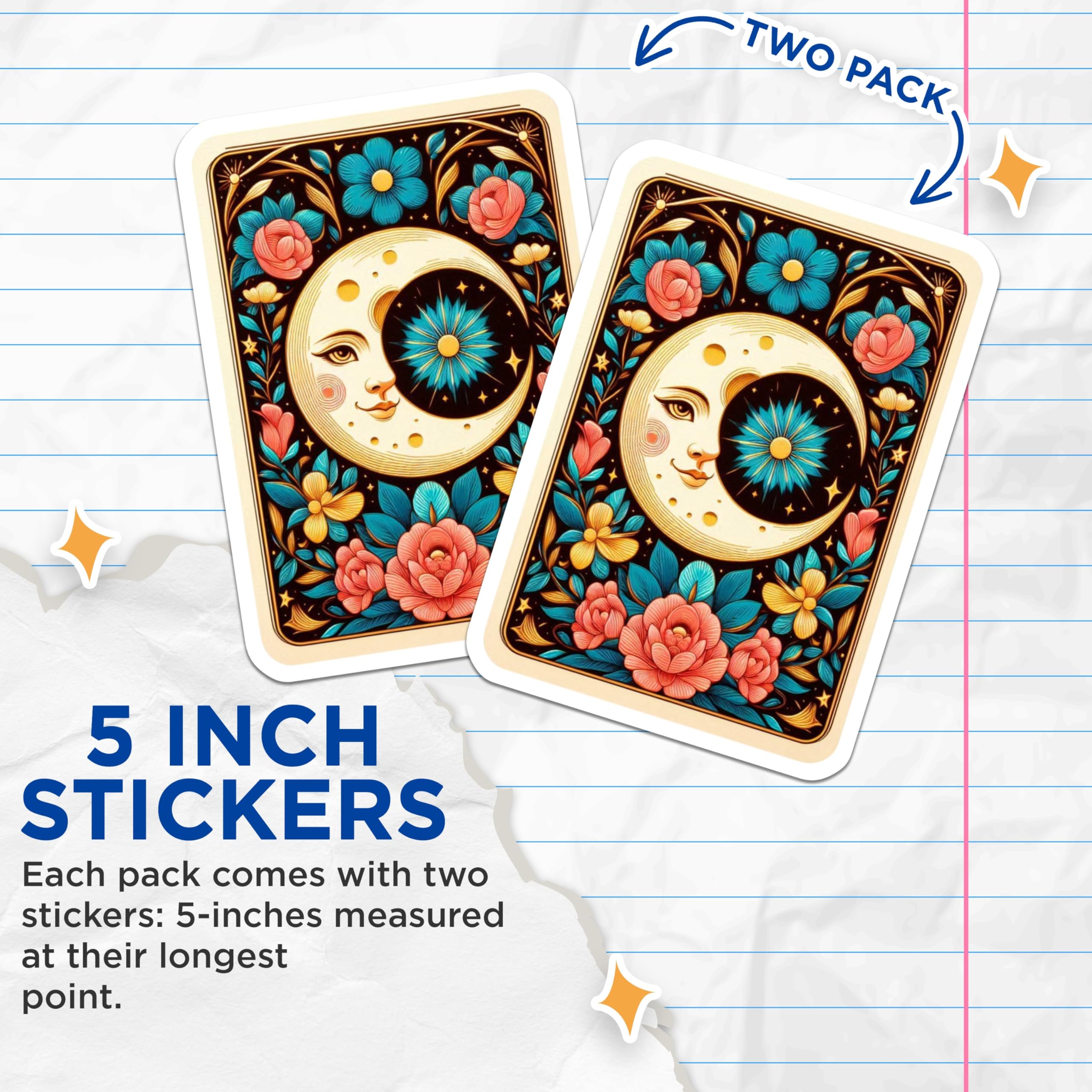 (2 Pack) Celestial Moon Stickers - Mystical Floral Design - Bohemian Witchy Decor - 5" On Longest Side - Sticks to Smooth Flat Surfaces - Made in USA - BMCS21874