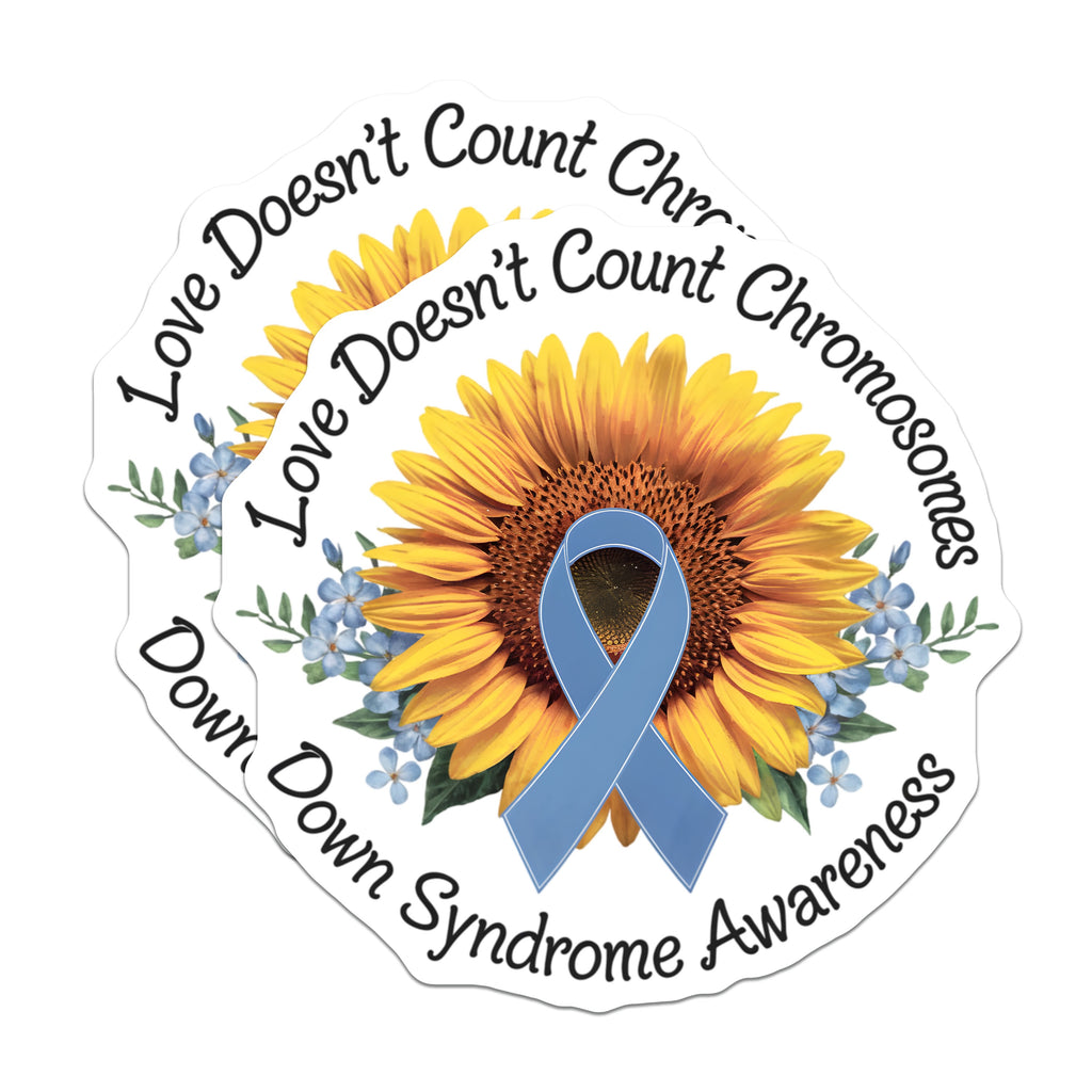 (2 Pack) Down Syndrome Awareness Magnets - Love Doesn't Count Chromosomes - Sunflower Blue Ribbon Support - 5 Inches On Longest Side - Thick Durable Magnet - Made in USA - MAG38472