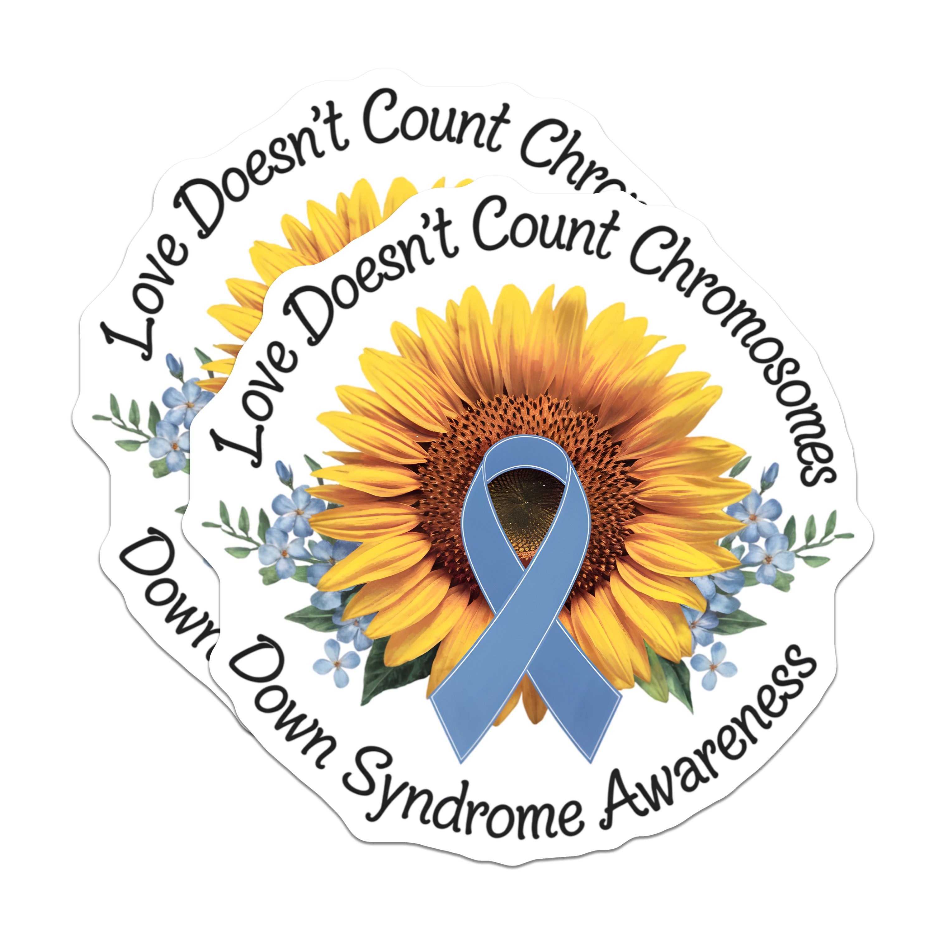 (2 Pack) Down Syndrome Awareness Magnets - Love Doesn't Count Chromosomes - Sunflower Blue Ribbon Support - 5 Inches On Longest Side - Thick Durable Magnet - Made in USA - MAG38472