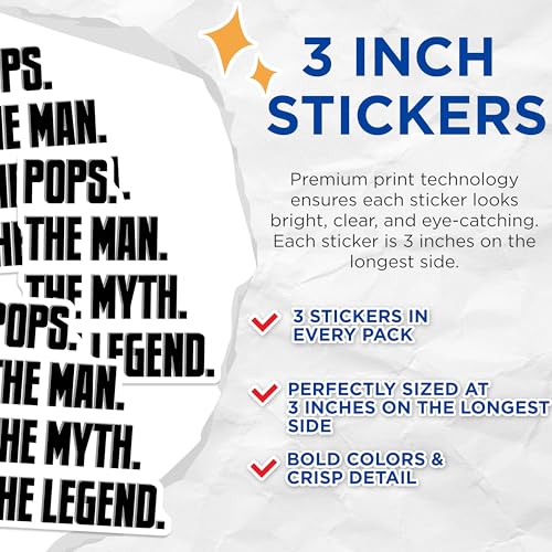 (3 Pack) Pops The Man Decals - The Myth - The Legend - Dad Decal - 3 Inches On Longest Side - Easy Peel & Apply - Made in USA - 3MCS4037