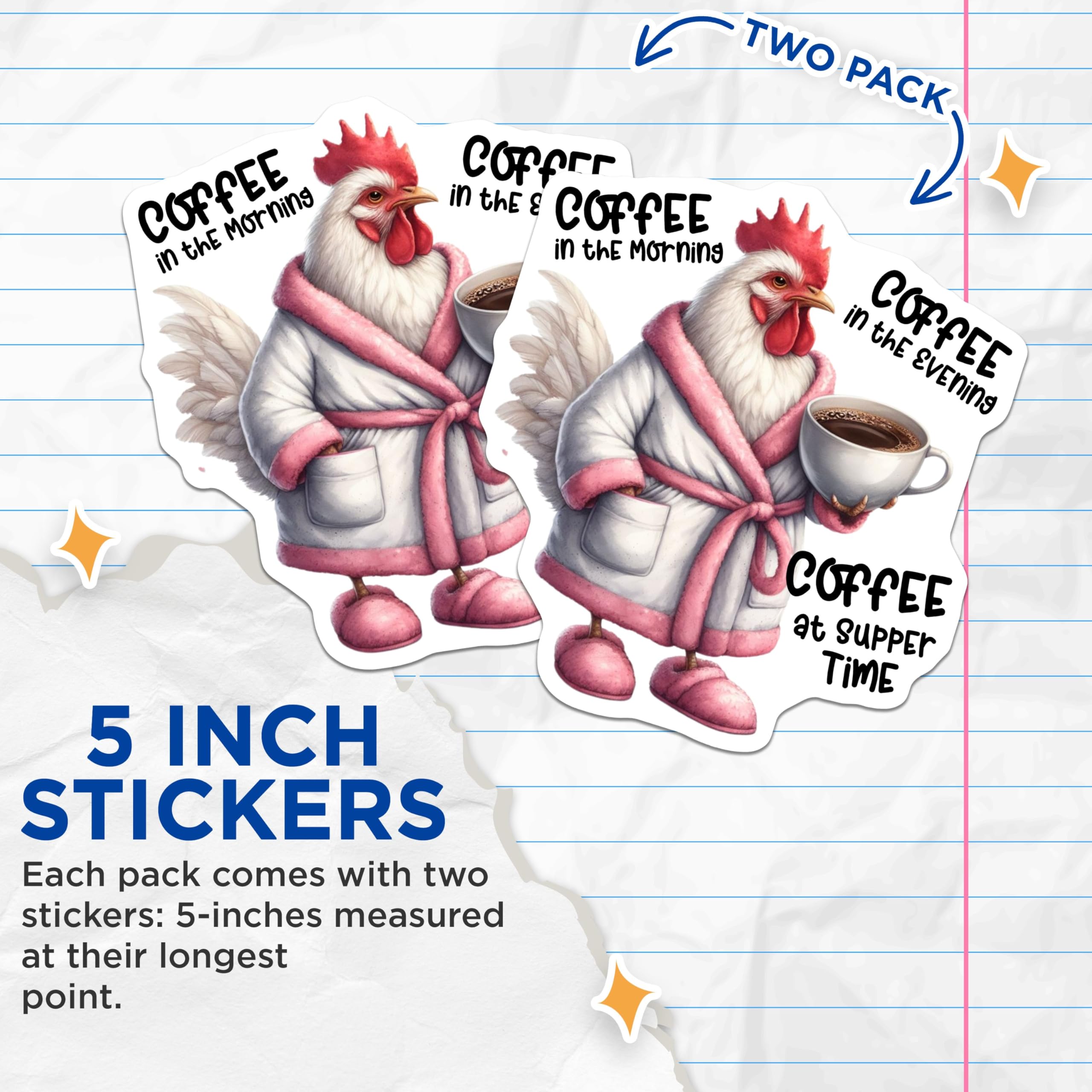 (2 Pack) Funny Coffee Chicken Stickers - Morning Coffee Rooster Decals - Cute Chicken Coffee Lover Gifts - 5" On Longest Side - Sticks to Smooth Flat Surfaces - Made in USA - BMCS4509