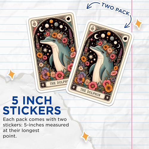 (2 Pack) Dolphin Tarot Stickers - Mystical Animal Stickers - Esoteric Floral Stickers - 5" On Longest Side - Sticks to Smooth Flat Surfaces - Made in USA - BMCS5390
