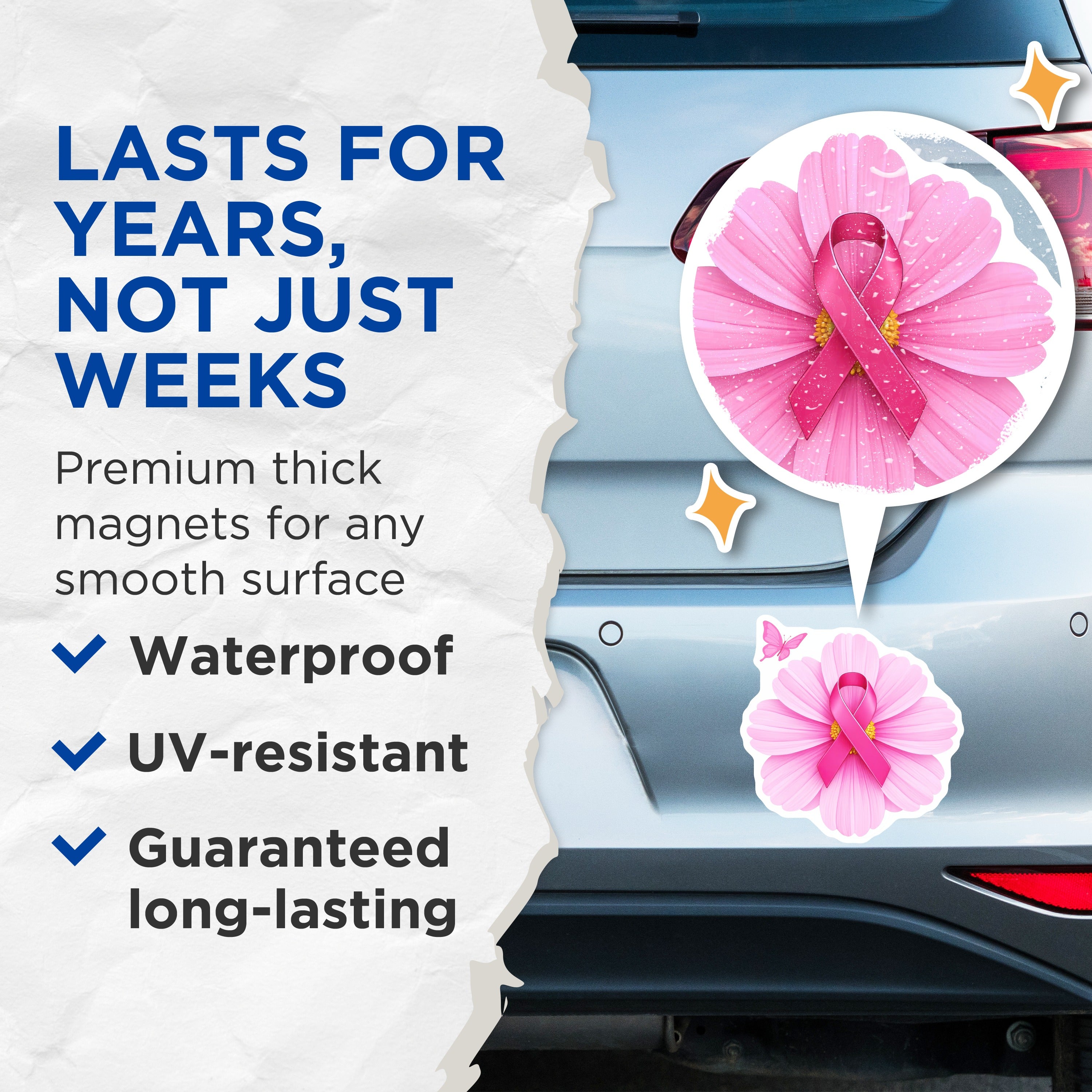 (2 Pack) Breast Cancer Awareness Magnets - Pink Ribbon Flower - Survivor Support Hope Magnet - 5 Inches On Longest Side - Thick Durable Magnet - Made in USA - MAG37551