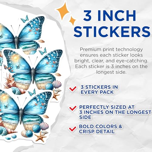 (3 Pack) Butterfly Decals - Beach Theme Decal - Summer Decal Stickers- 3 Inches On Longest Side - Easy Peel & Apply - Made in USA - 3MCS5935