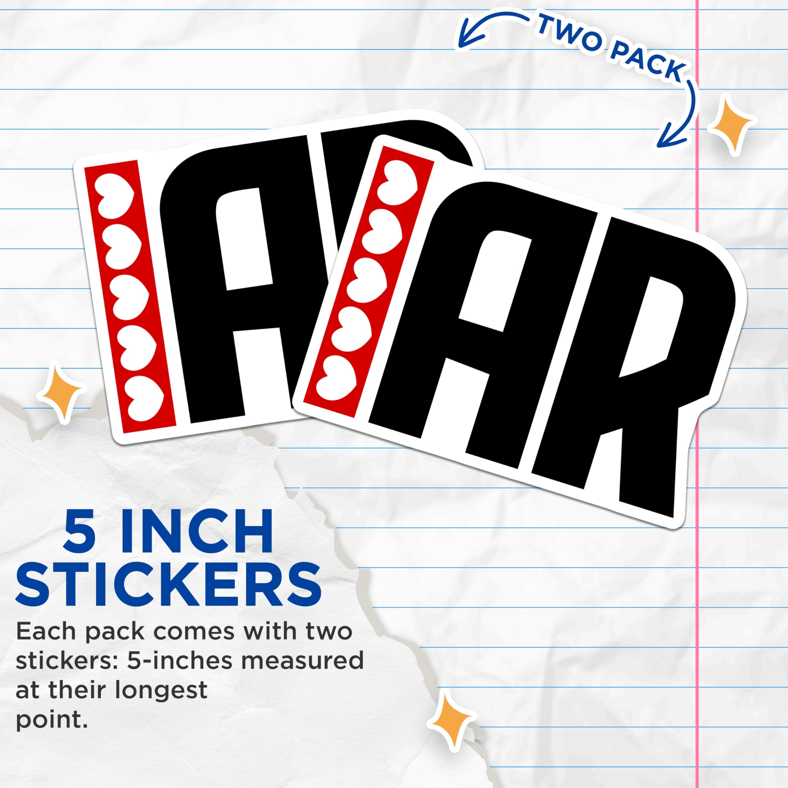 (2 Pack) IAR Hearts Stickers - Letter Stickers - Initial Stickers - 5" On Longest Side - Sticks to Smooth Flat Surfaces - Made in USA - BMCS18470