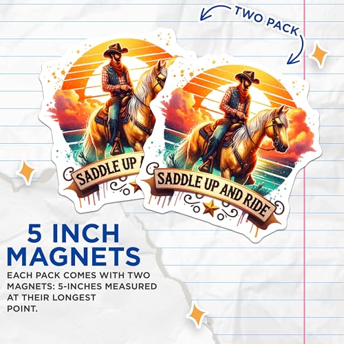 (2 Pack) Saddle Up and Ride Magnets - Western Cowboy Art - Sunset Horse Riding Decor - Rustic Country Theme - 5" On Longest Side - for Cars, Fridges, Toolboxes - Made in USA - MAG6837