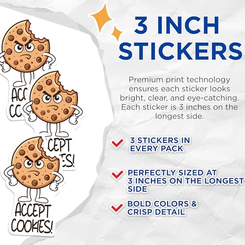 (3 Pack) Accept Cookies Decals - Funny Cookie Sticker - Cartoon Laptop Decals - 3 Inches On Longest Side - Easy Peel & Apply - Made in USA - 3MCS6188