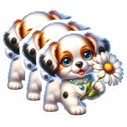 (3 Pack) Cute Puppy Decals - Flower Dog - Laptop Decals - 3 Inches On Longest Side - Easy Peel & Apply - Made in USA - 3MCS8159