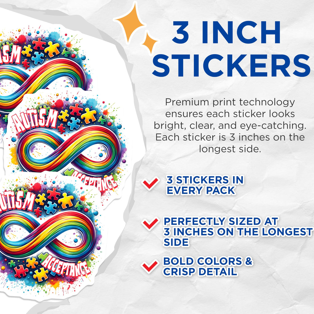 (3 Pack) Autism Awareness Decals - Infinity Rainbow - Puzzle Piece Support Decal - 3 Inches On Longest Side - Easy Peel & Apply - Made in USA - 3MCS1981