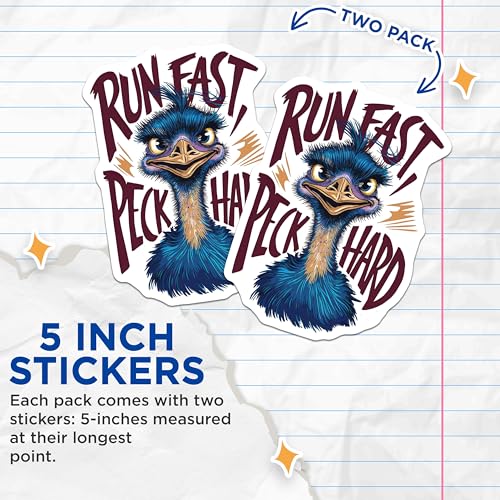 (2 Pack) Run Fast Peck Hard Stickers - Funny Animal Stickers - Motivational Stickers - 5" On Longest Side - Sticks to Smooth Flat Surfaces - Made in USA - BMCS3986