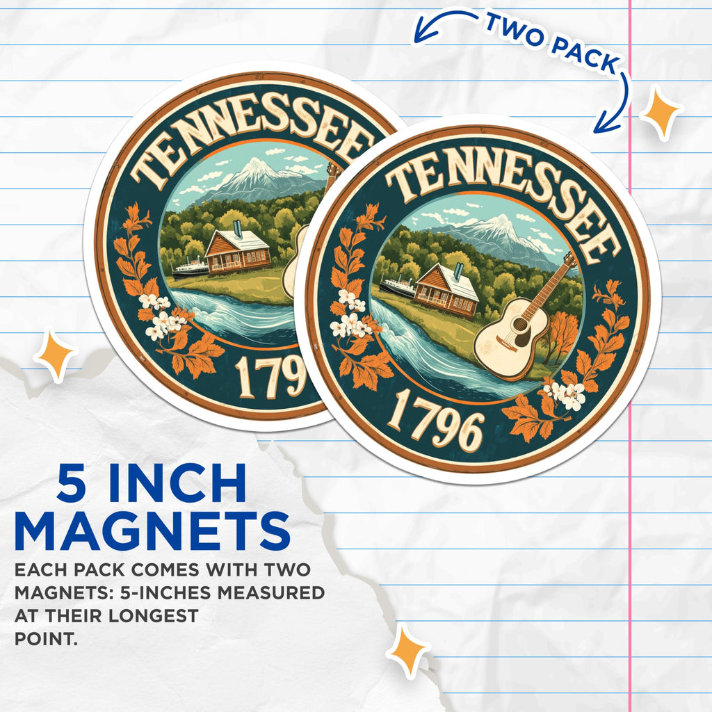 (2 Pack) Tennessee Magnets - State Pride Souvenirs - Guitar Country Fridge Decor - 5" On Longest Side - Premium Magnet - for Cars, Refrigerators, Toolboxes, Lockers - Made in USA - MAG14655