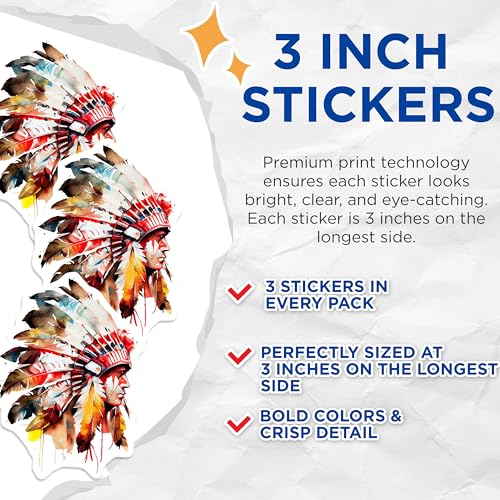 (3 Pack) Native American Decals - Watercolor Chief - Laptop Stickers - 3 Inches On Longest Side - Easy Peel & Apply - Made in USA - 3MCS7782