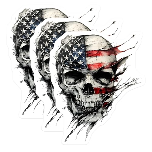 (3 Pack) American Flag Skull Decals - Patriotic Grunge Decals - USA Laptop Decals - 3 Inches On Longest Side - Easy Peel & Apply - Made in USA - 3MCS7978