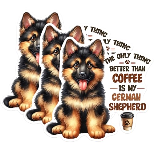 (3 Pack) German Shepherd Decals - Coffee Lover Dog - Puppy Laptop Decal - 3 Inches On Longest Side - Easy Peel & Apply - Made in USA - 3MCS0885