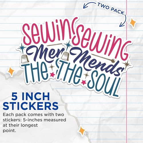 (2 Packs) Sewing Mends The Soul Stickers - Sewing Lover Decals - 5 Inches On Longest Side - Premium Vinyl Decal - Sticks to Any Smooth Flat Surface - Made in USA - BMCS2520